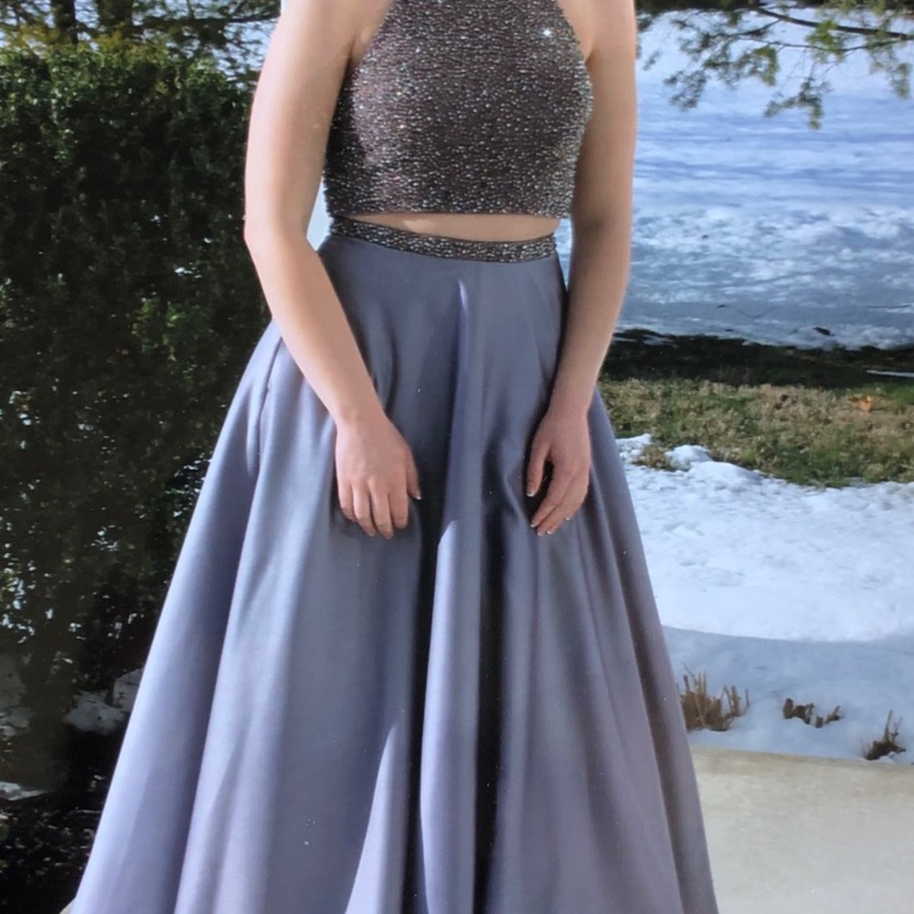 Lavender Grey- Gunmetal by Blush 2 piece prom gown